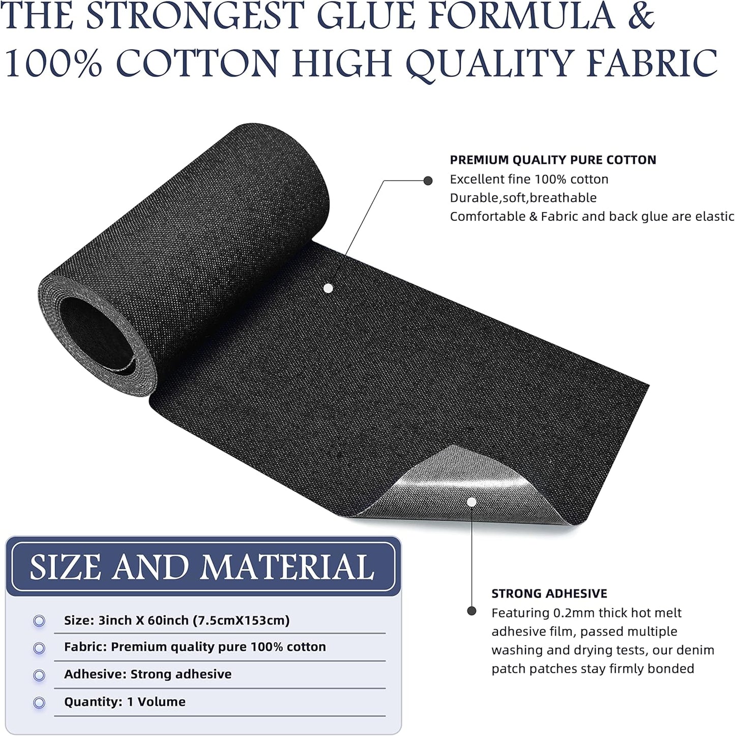 KING MOUNTAIN Iron-on Repair Patch,3"x60"100% Cotton Denim Iron-on Repair Patch, Jeans and Clothing Repair and Decoration Kit (Black)