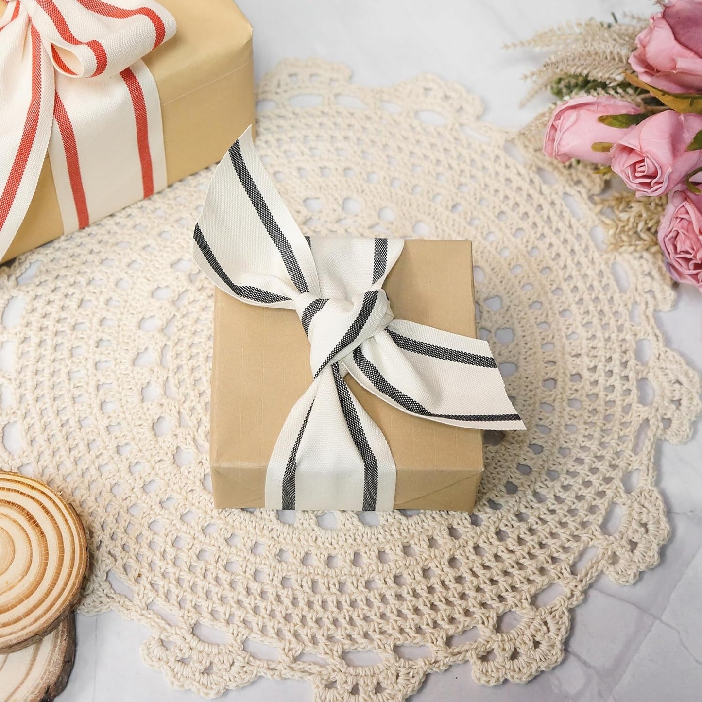CT CRAFT LLC Ivory Cotton Black Stripes Ribbon 2" x 10 Yards for Home Décor Gift Present Wrapping DIY Crafts Birthday Wedding Bouquet Christmas