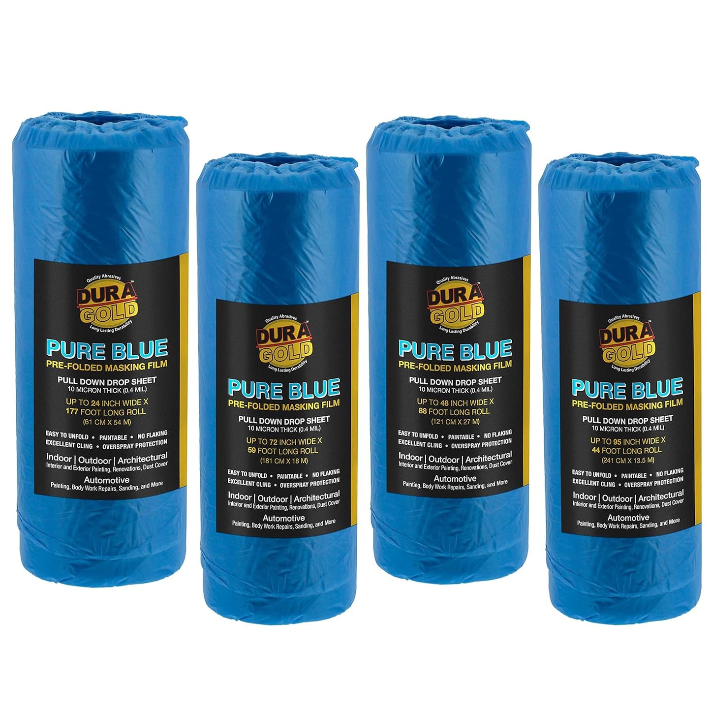 Dura-Gold Pure Blue Pre-Folded Masking Film, (4 Pack of 24, 48", 72", 95") Painters Plastic Roll, Pull Down Drop Sheet, Pre-Folded Plastic Sheeting for Painting Protection on Auto, Walls, Furniture