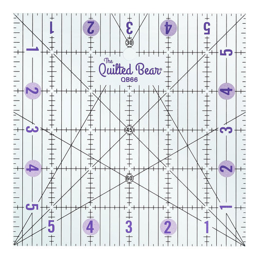 The Quilted Bear Quilting Rulers - Transparent Acrylic Non Slip Quilting, Patchwork & Sewing Ruler with Clear Black Lines & 30, 45 & 60 Degree Angles for Perfect Accuracy & Precision (6" x 6")