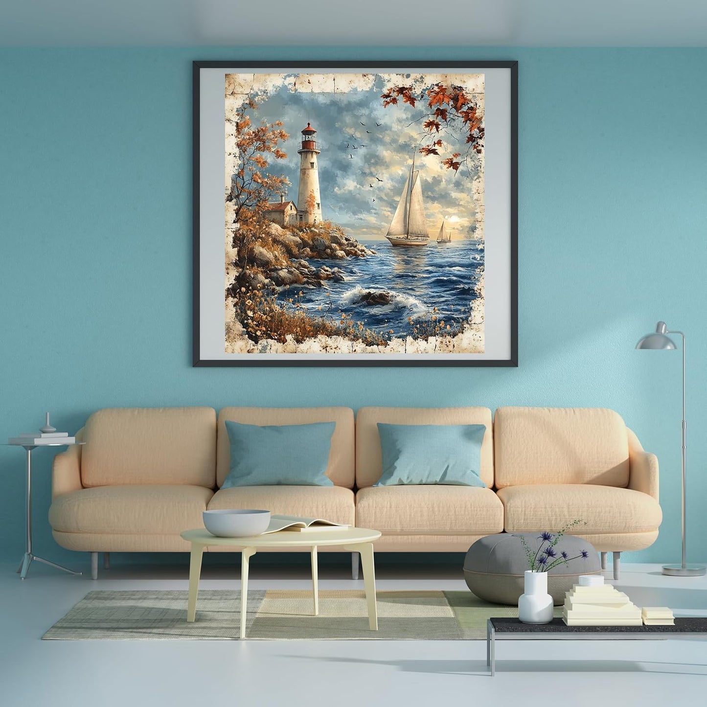 Moohue 14ct Counted Cross Stitch Kits for Adults Seaside Tower Boat Printed Stamped Cross Stitch Patterns Kits Cross Stitch Supplies (Seaside Tower Boat)