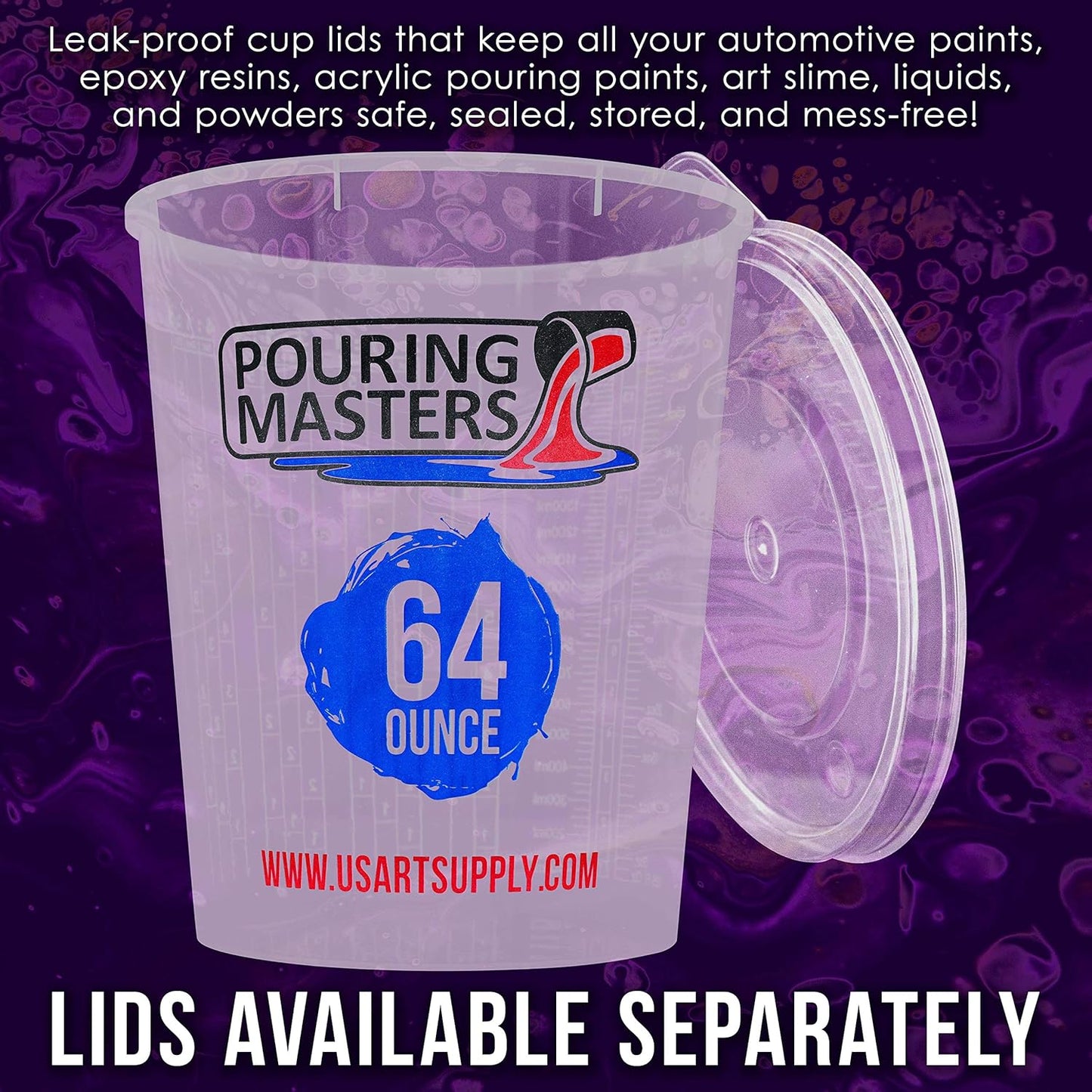 Pouring Masters 64 Ounce (2000ml) Graduated Plastic Mixing Cups (Box of 12) - Paint Mixing Cups for Epoxy Resin, Art, Kitchen, Baking - Measurements in OZ and ML, 4 Different Measuring Ratios 1:1