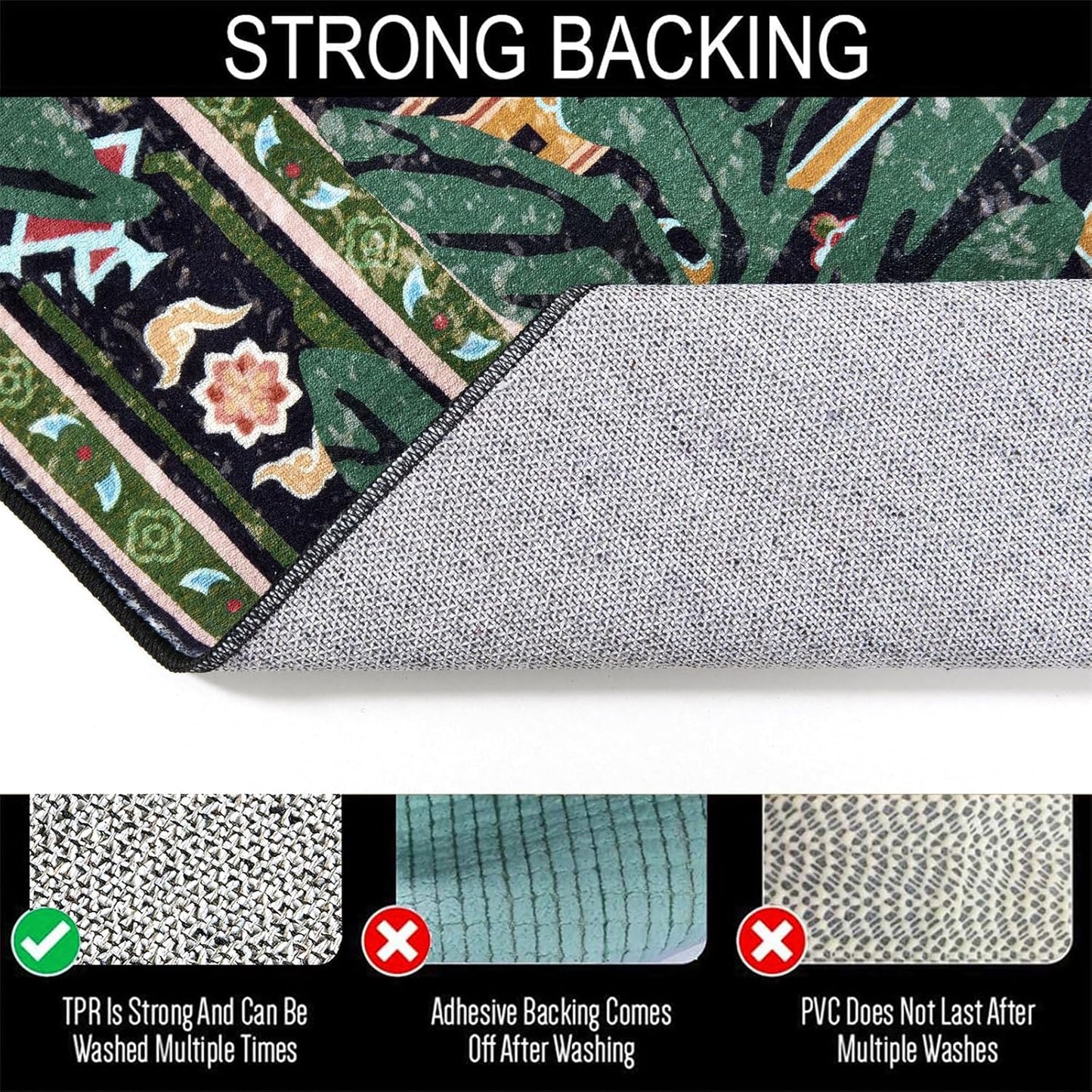 Oriental Tropical Washable Rugs, Stain Resistant Black Boho Vintage Distressed Hippie 45x7 Area Rugs for Living Room Bedroom Kitchen Entryway, Abstract Botanical Tribal Indian Accent Carpet