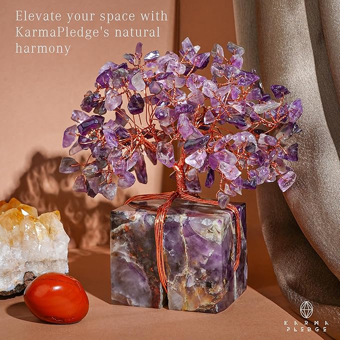 Crystal Tree of Life for Home and Office Decor, Handmade Raw Crystal Base Amethyst Chakra Healing Crystal Tree for Positive Energy, Money, Good Luck, Christmas Décor, Birthday Gifts for Women