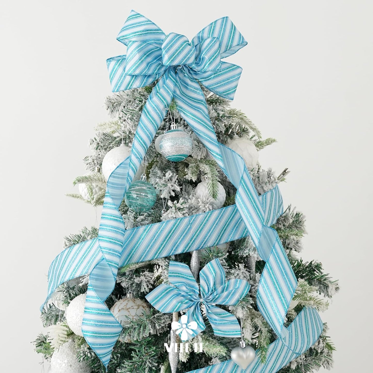 MEEDEE Blue Diagonal Stripe Ribbon 2.5 Inch Blue Satin with Turquoise and Teal Glitter Wired Ribbon for Wreath Bow, Topper Bow, Tree, Garlands (10 Yards)