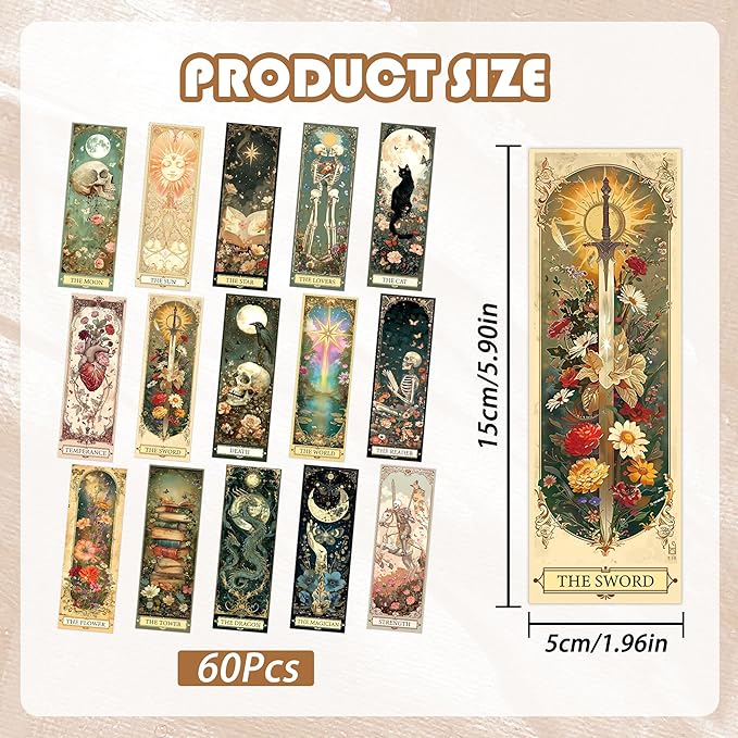 60 Pcs Tarot Gothic Bookmarks Set, Vintage Fantasy Double-Sided Matte Paper Book Marks Featuring Tarot Artwork, Aesthetic Page Marker Clips for Reading Women Teens Adults Birthday Christmas Gifts