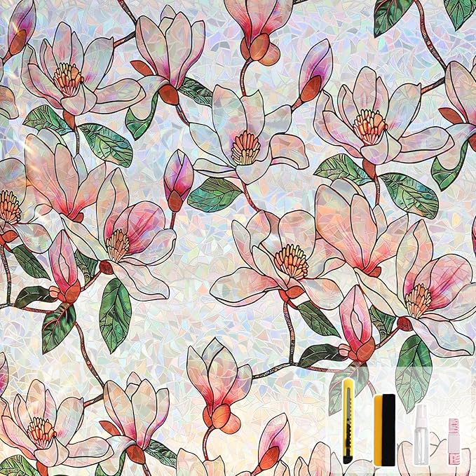 Kromapolis Window Privacy Film, Stained Glass Sticker Floral Window Clings, Decorative Static Clings UV Blocking Colorful Decals, Removable Vinyl Covering Rainbow Magnolia Flowers, 17.5'' x 157.4''