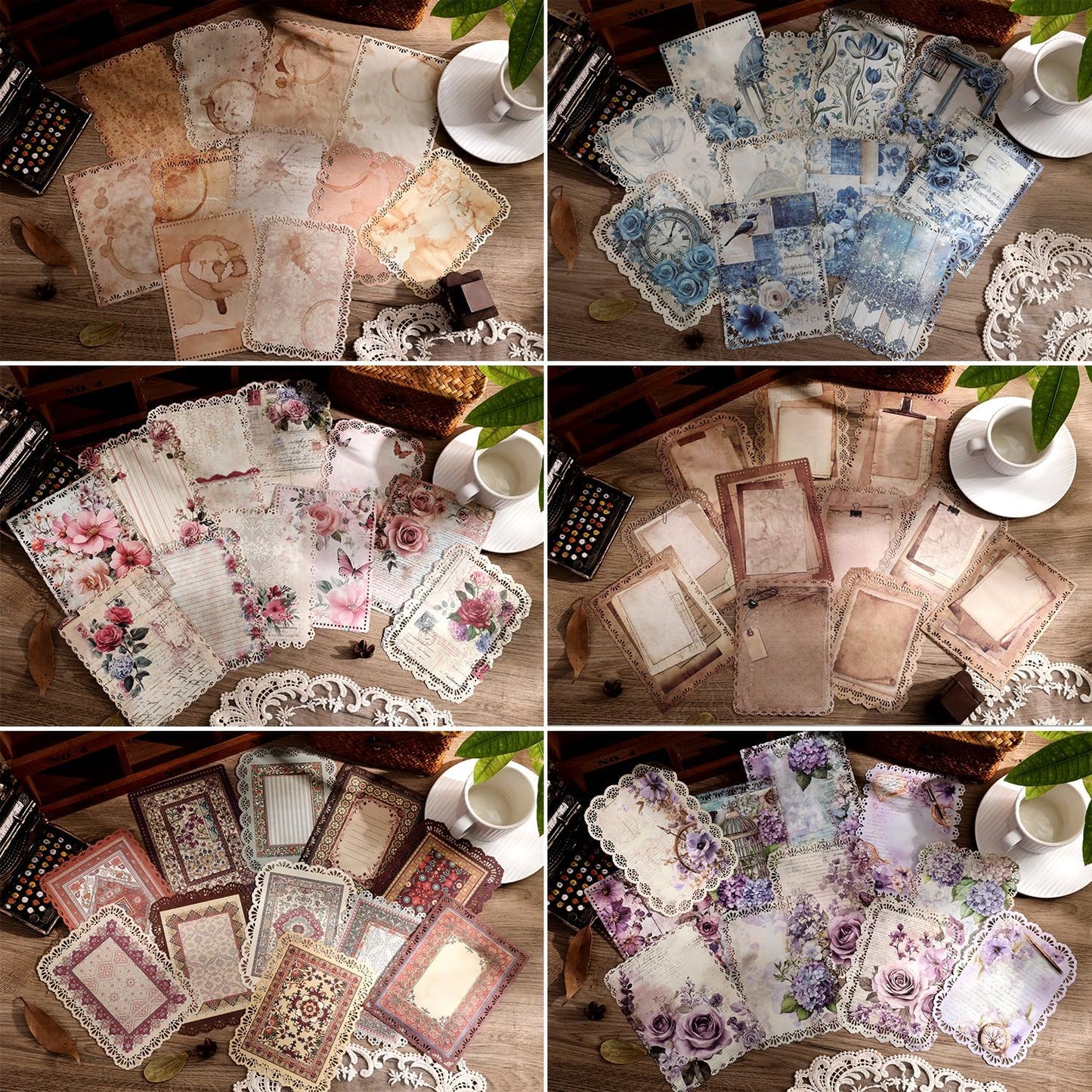 66 Sheets Lace Edged Scrapbook Paper Set, 6 Packs Vintage Decorative Paper Scrapbooking Supplies for Letter Writing Background Stationery Ephemera for Junk Journaling, DIY Art Collage 4.9x6.9 IN