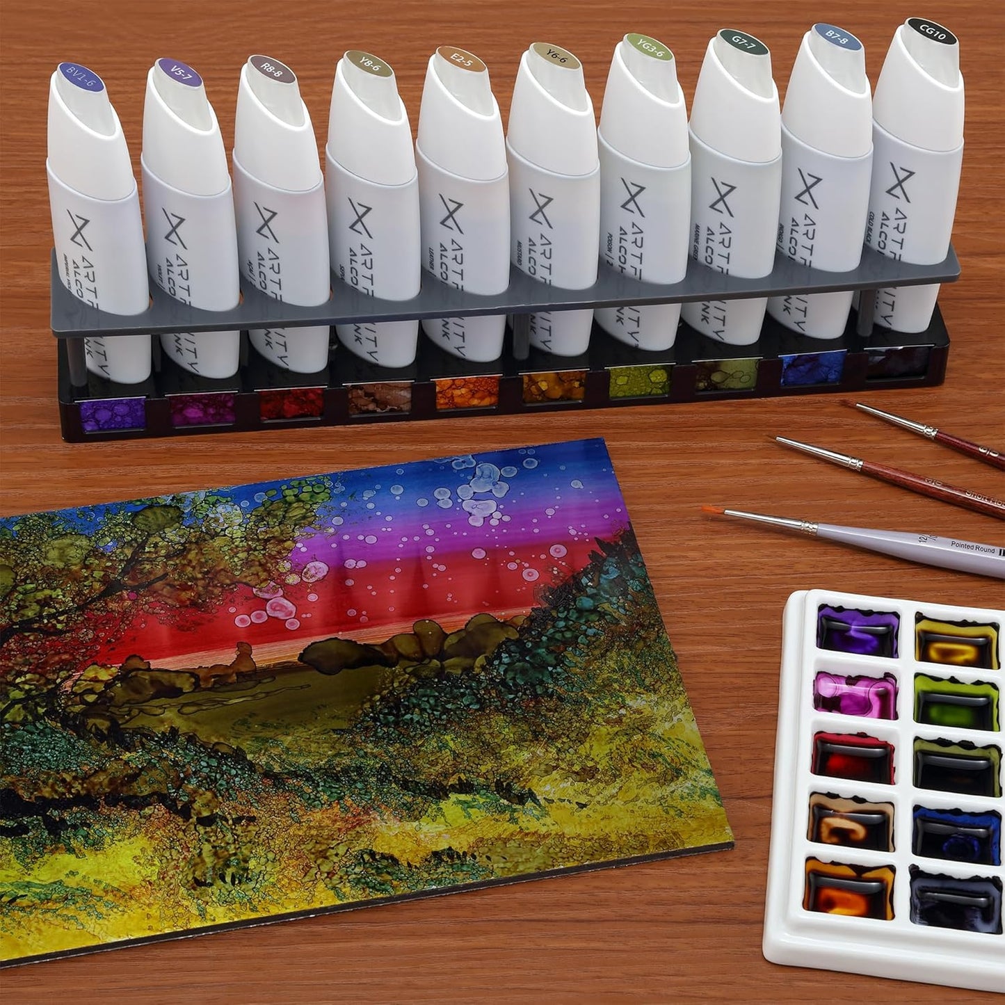 Artfinity Alcohol Ink Devastating Beauty Set of 10 Colors (25 ml) with Free Acrylic Stand - for Painting or Alcohol Marker Refill Ink, Acid-Free, Fast-Drying, Permanent, Transparent, Swatch Template