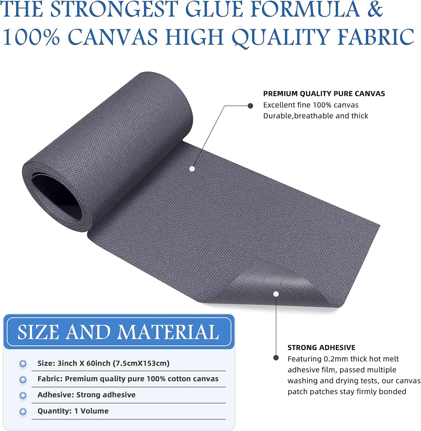 KING MOUNTAIN Canvas Iron on Patch,3"×60",Waterproof 100% Cotton Fabric Repair Patch,Used for Various Sofa,Tent,Clothes,Seats,Suitcases (Grey1.0)