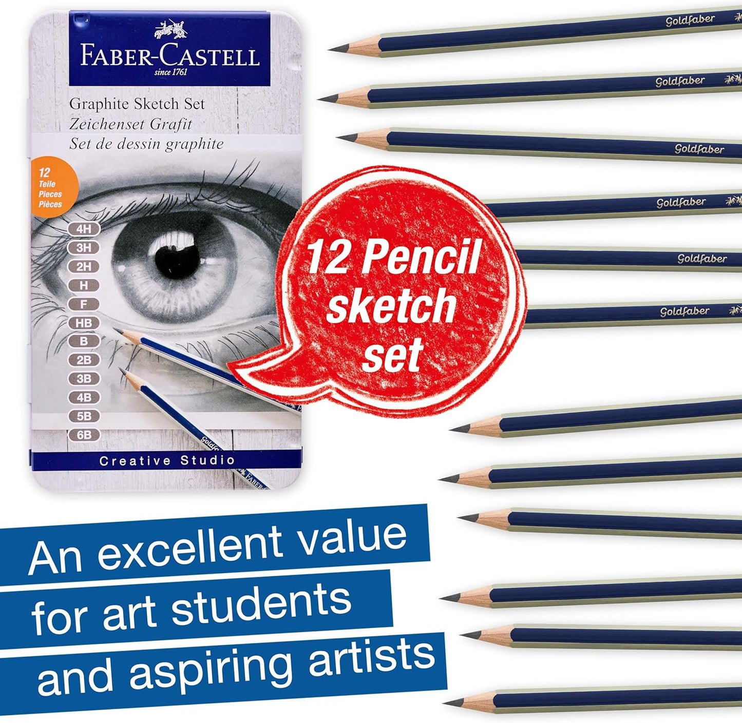 Faber-Castell Graphite Pencils Drawing Set: 12 Art Pencils for Sketching (4H, 3H, 2H, H, F, HB, B, 2B, 3B, 4B, 5B, and 6B), Shading Pencils for Drawing and Sketching, Graphite Pencil Kit