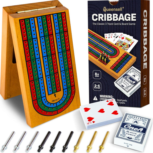 Cribbage Board Game Set with Storage - Classic Game Travel Cribbage Board with Wooden Card Storage for Adults & Kids - Ideal for Game Night