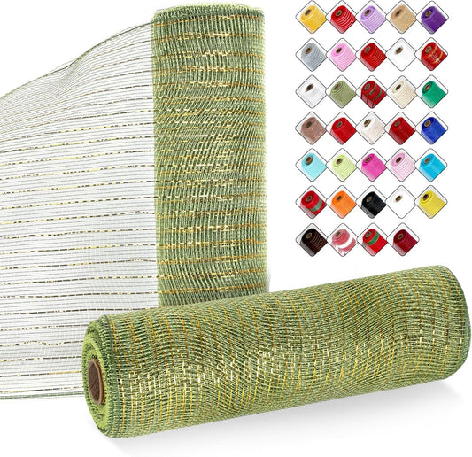 2 Rolls Mesh Ribbon for Wreaths 10 Inch x 30 Foot Wreath Mesh Rolls with Metallic Foil for Easter Christmas Party Wedding Home Decor DIY Craft Projects and Gift Wrapping (Army Green)
