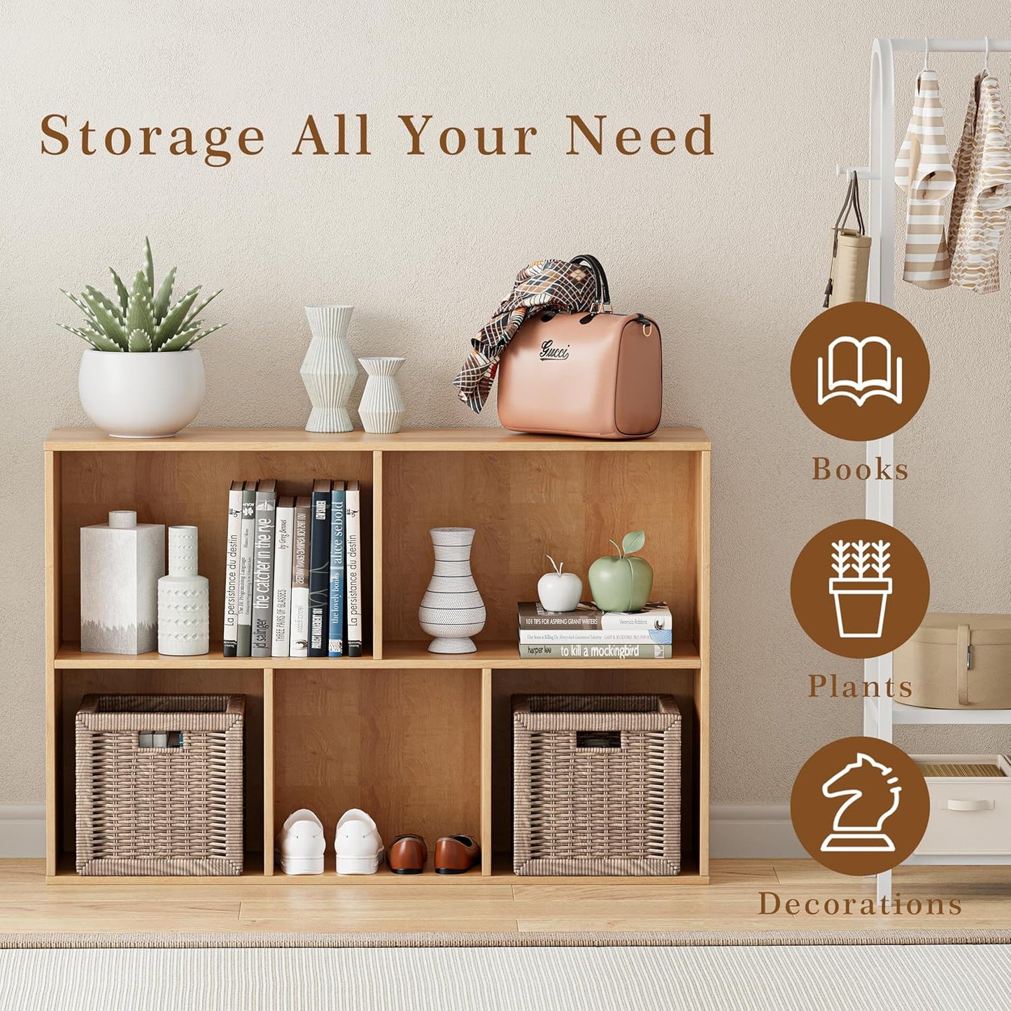 Wooden Cube Storage Organizer with Closed Back Panel, 11in Cube Shelf Opening, Bookshelf, Display Shelf,Closet Cabinet for Home and Office (Natural Oak, 5-Cube 35.98L*9.45W*24.09H)