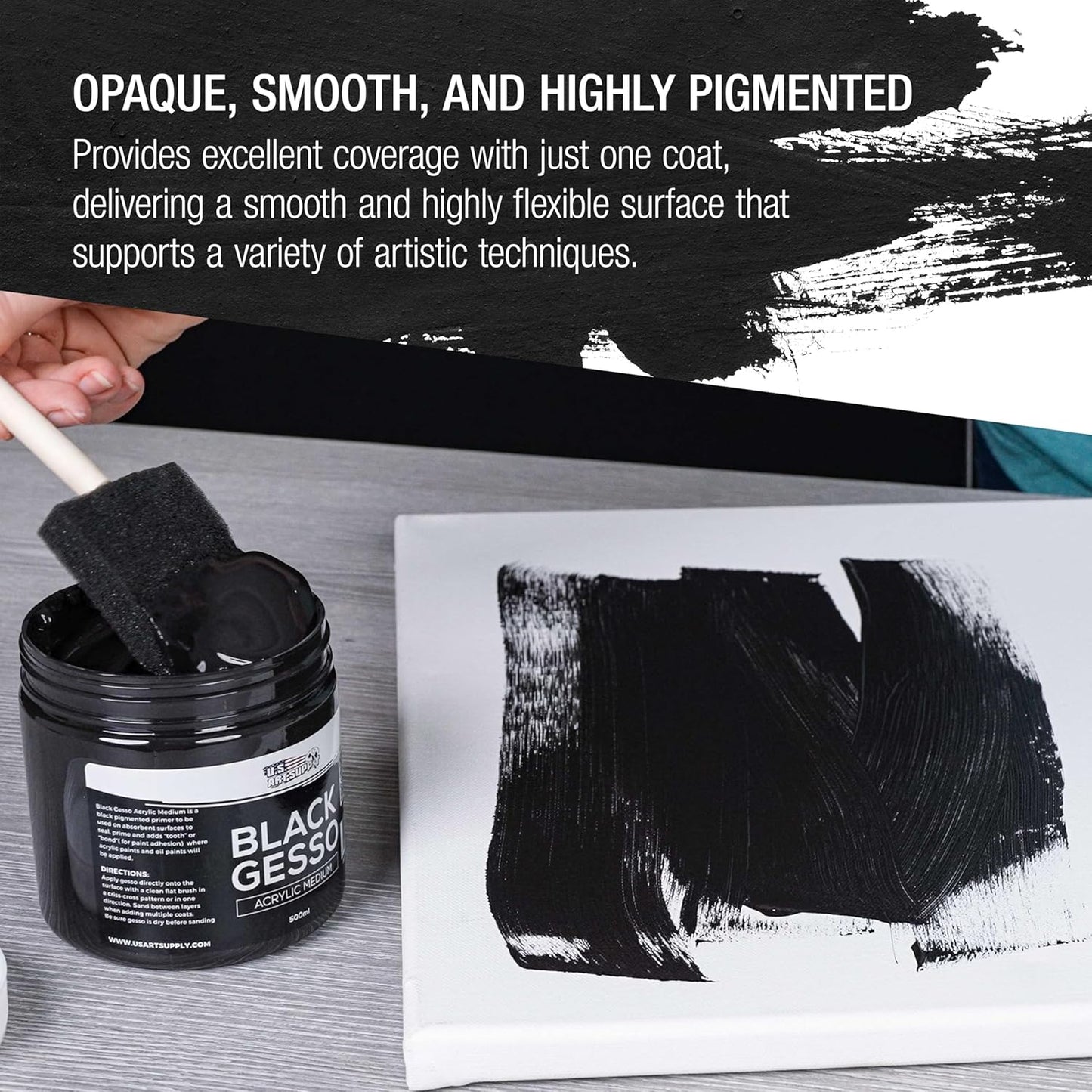 U.S. Art Supply Black Gesso Primer - 16.9oz (500ml) for Oil & Acrylic Paint - Superior Coverage, Canvas Prep, Mixable White Gesso Paint Artists