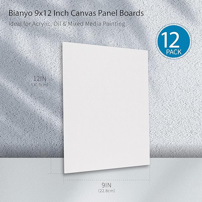 Bianyo 9x12 Inch Canvas Panels for Painting – 12 Pack, 100% Cotton, Triple Primed & Acid-Free, Art Boards for Acrylic & Oil Paints, Ideal for Artists, Students, Hobbyists & Beginners