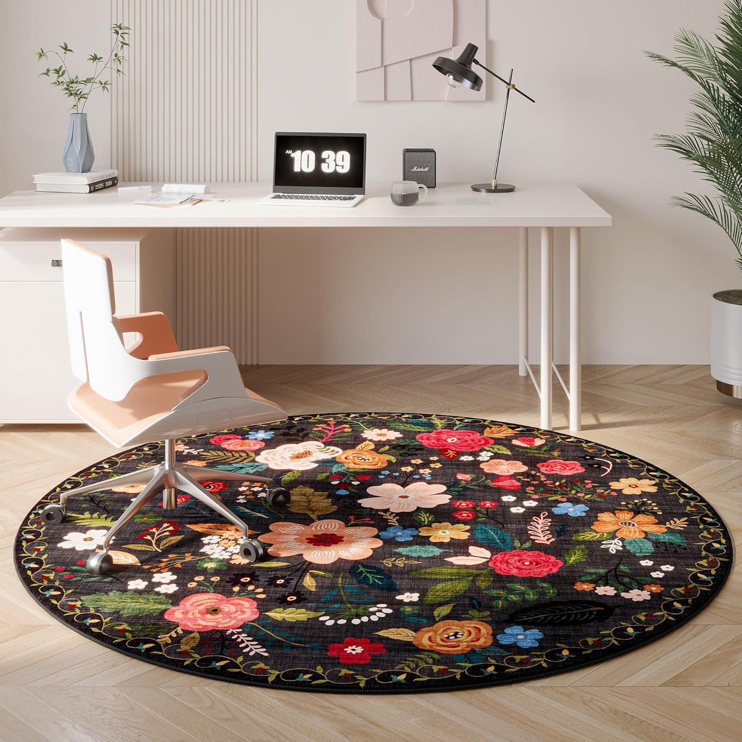 Rugcomf Round Rug 6ft Washable Circle Rug Non Slip Low Pile Boho Floral Small Circular Rug for Bedroom, Bathroom, Entryway, Kids Room, Office, College Dorm(Black)