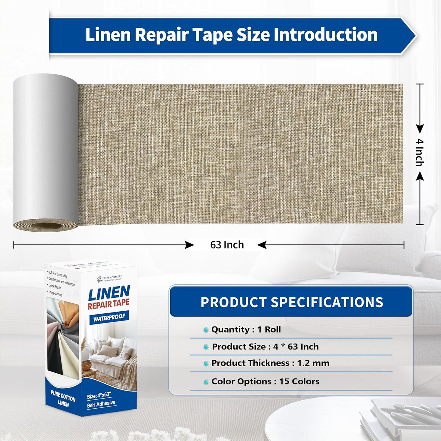 KING MOUNTAIN Linen Repair Patches, Self-Adhesive Linen Fabric Patches, 4 X 63 inch Extra Size, Multi Color, Can be Used for Linen Sofa Repair and Linen Clothes Repair (Cocoa Color)