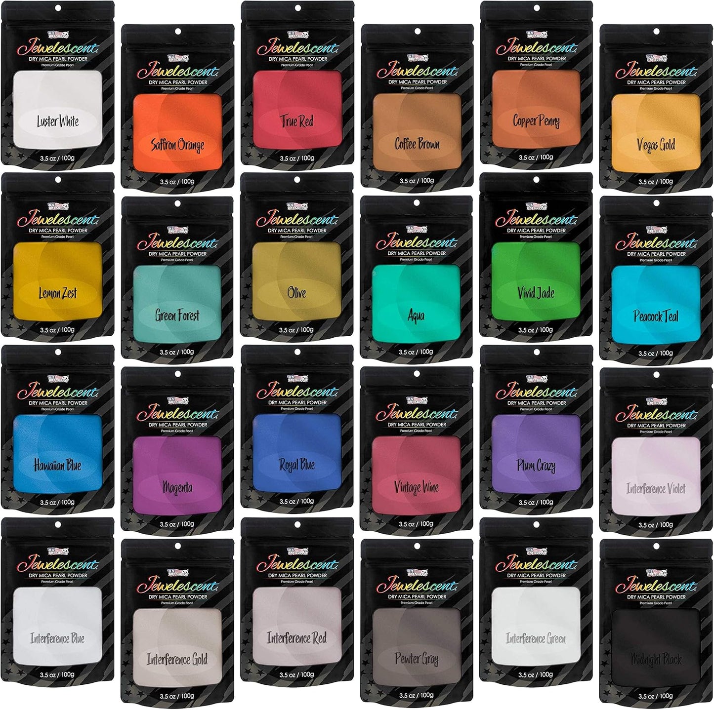 U.S. Art Supply Jewelescent Mica Pearl Pigment Powder Kit, 24 Master Colors, 3.5 oz (100g) Pouches - Cosmetic Grade, Epoxy Resin Color Pigment, Mica Powder for Resin, Soap, Slime, Candle Dye, Art