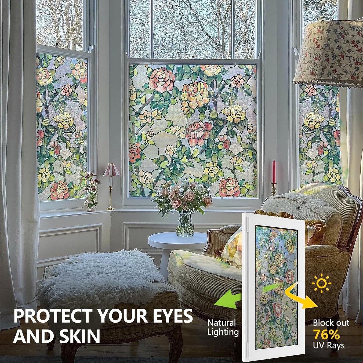 Stained Glass Window Film, 3D Decorative Window Privacy Film for Bathroom,Front Door,Home, Sun Blocking Heat Control,Static Cling, The Beast's Rose 17.3inch x 47.2inch