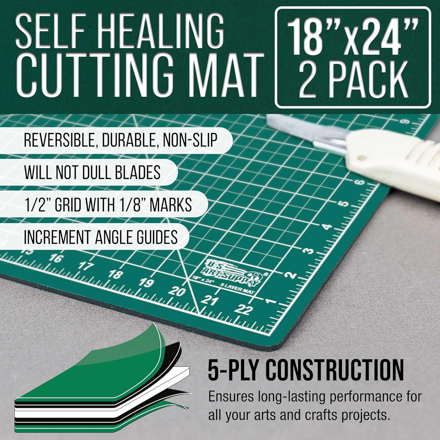 U.S. Art Supply 18" x 24" Self-Healing Cutting Mat 5-Ply (2 Pack) - Double-Sided Green/Black Craft Mat, Non-Slip Cutting Mats for Crafts, Sewing, Quilting, Scrapbooking