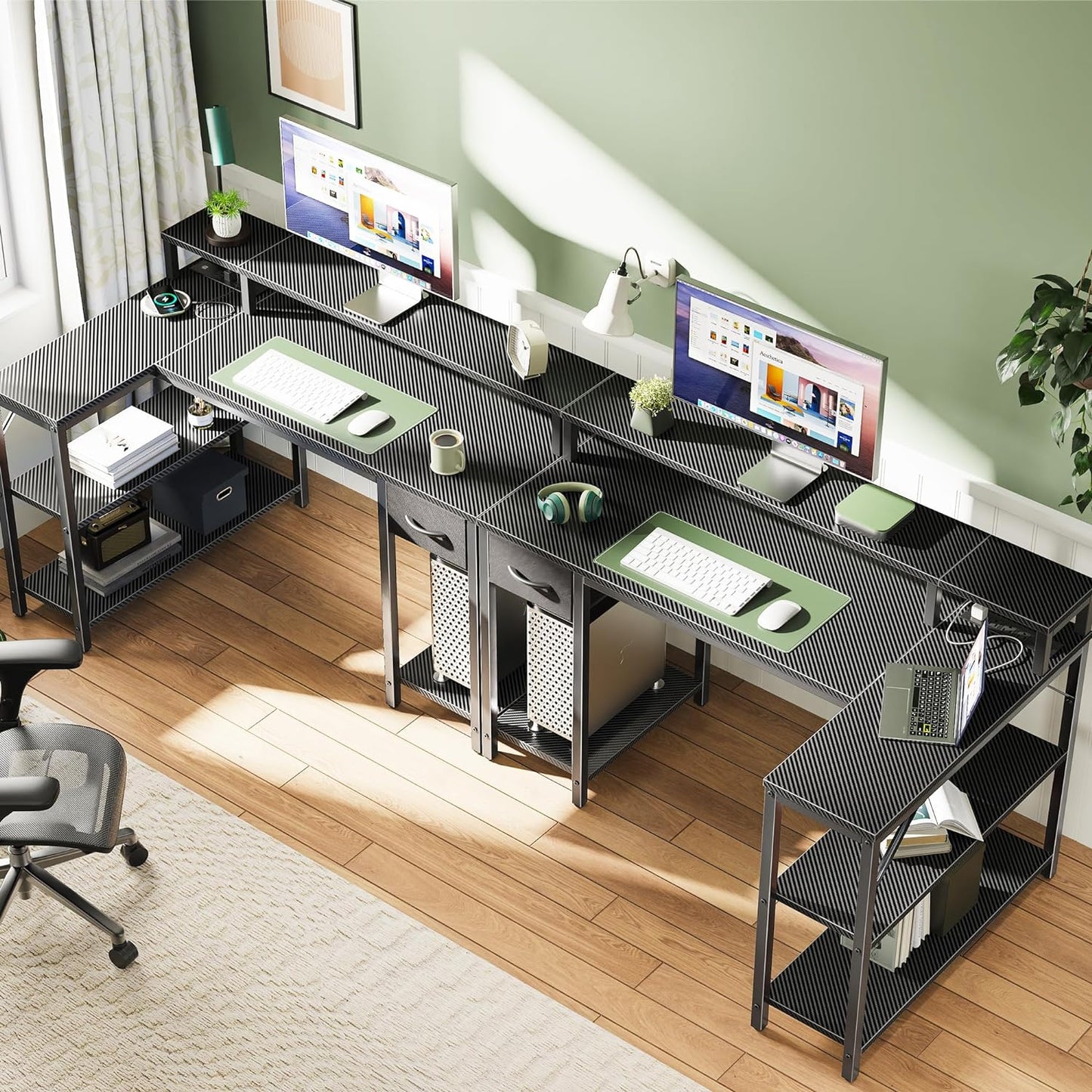 SUPERJARE 47 inch Reversible L Shaped Desk with LED Lights & Power Outlets, Computer Desk with Shelves & Monitor Stand, Gaming Desk with Drawer, Home Office Desk Corner Desk, Carbon Fiber Black