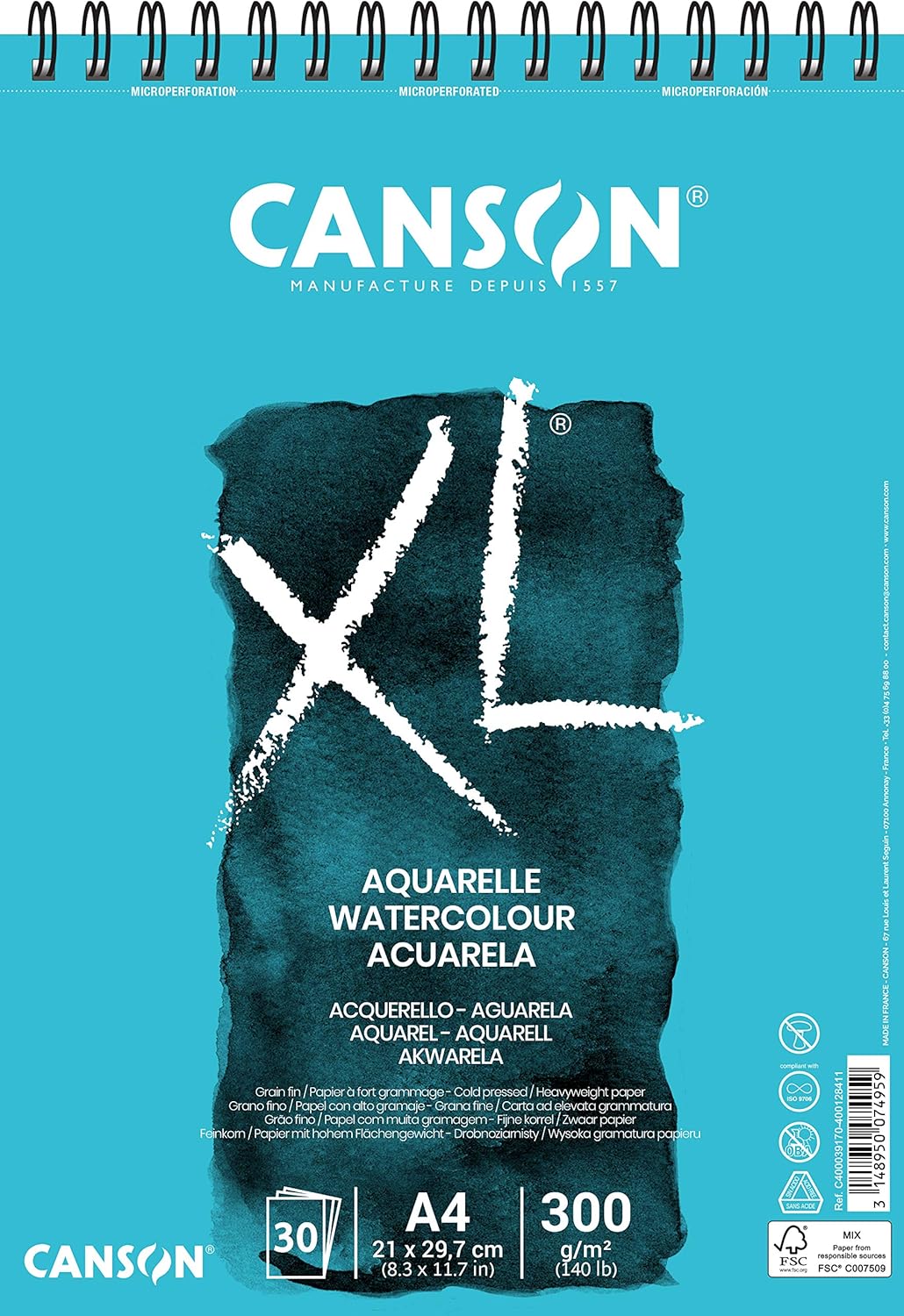 CANSON XL Watercolour 300gsm A4 Paper, Cold Pressed, Spiral Pad Short Side, 30 White Sheets, Ideal for Professional Artists