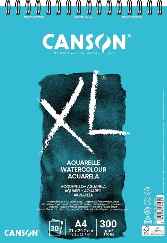 CANSON XL Watercolour 300gsm A4 Paper, Cold Pressed, Spiral Pad Short Side, 30 White Sheets, Ideal for Professional Artists