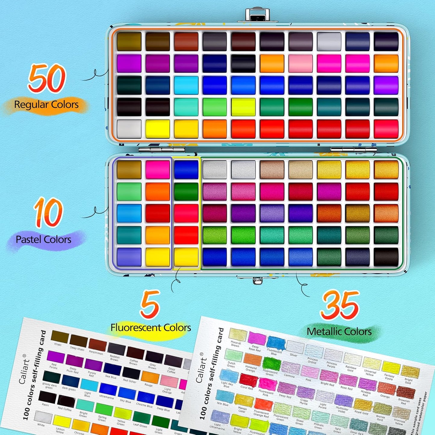 Caliart Watercolor Paint Set, 100 Colors Portable Travel Water Color Palette Kit with Detail Painting Brush, Art Supplies Christmas Gifts for Artists Adults Painters Beginners