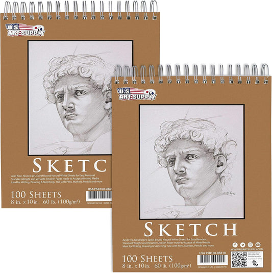 U.S. Art Supply 8"x10" Top Spiral Bound Sketch Book, 2 Pack, 100 Sheets Each, 60lb (100gsm), Acid-Free, Artist Sketchbook, Drawing Pad for Adults & Students