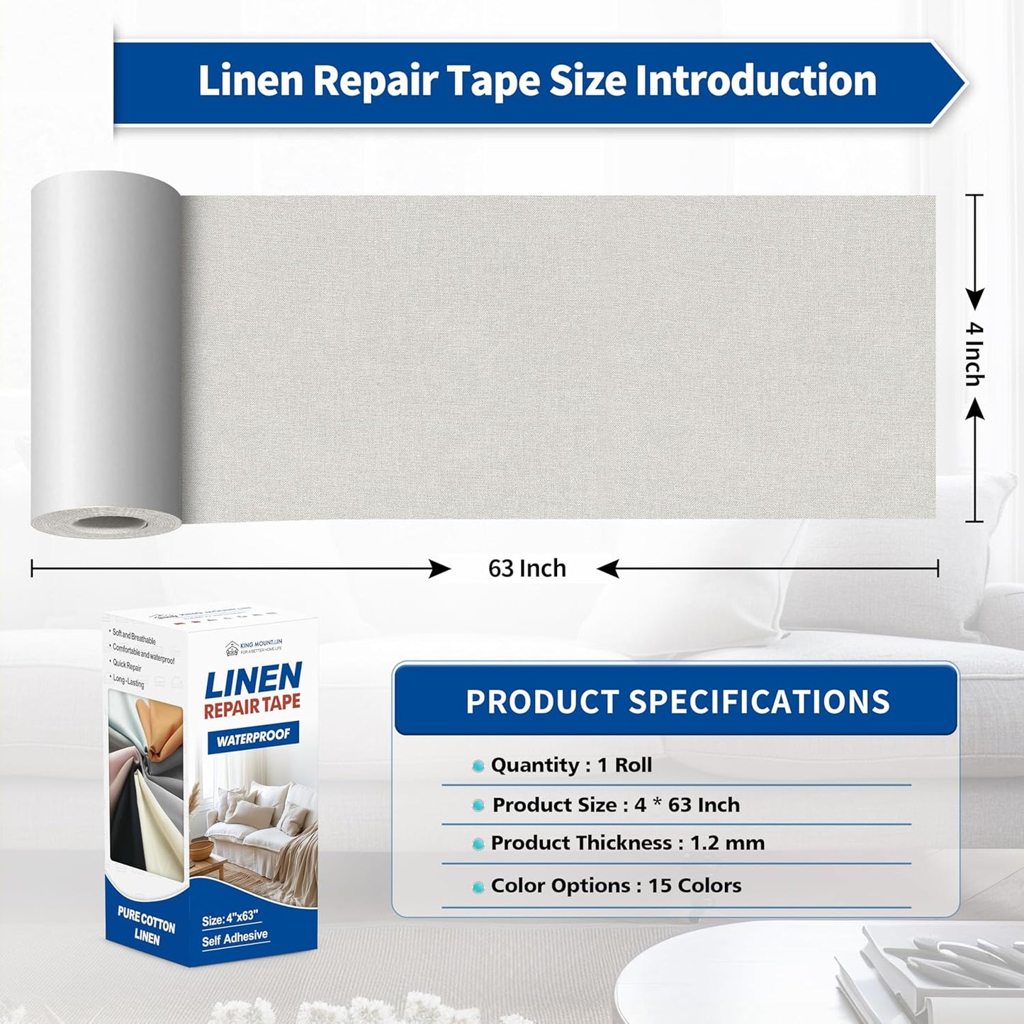 KING MOUNTAIN Linen Repair Patches, Self-Adhesive Linen Fabric Patches, 4 X 63 inch Extra Size, Multi Color, Can be Used for Linen Sofa Repair and Linen Clothes Repair (Beige)