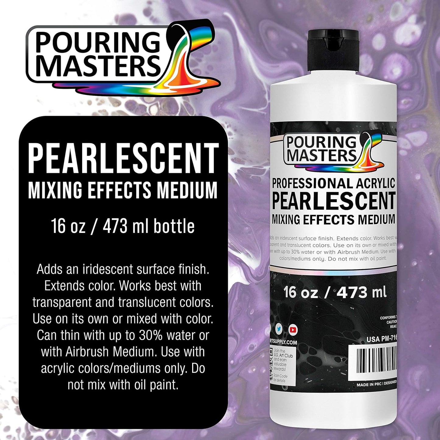 Pouring Masters 16 Oz (Pint) Acrylic Pearlescent Effects Medium - Creates Pearl Iridescent Metallic Shimmer for Fluid Art & Acrylic Painting