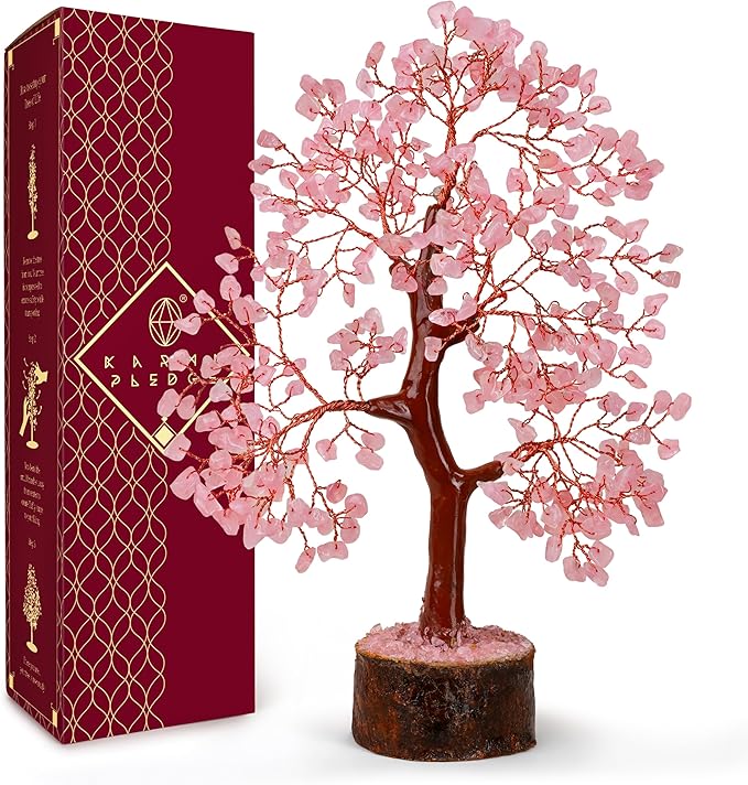 KARMAPLEDGE Rose Quartz Crystal Tree of Life for Women Office Decor, Good Luck, Money, Meditation, Positivity, Handmade Healing Crystal Stones Bonsai Tree Spiritual Birthday Gifts for Women