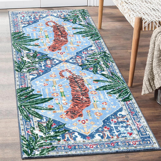 Oriental Tropical Kitchen Runner Rug 2x5 Washable, Thin Stain Resistant Blue Boho Bathroom Runner Rug for Hallway Entryway Bedroom Laundry, Vintage Abstract Hippie Botanical Long Carpet