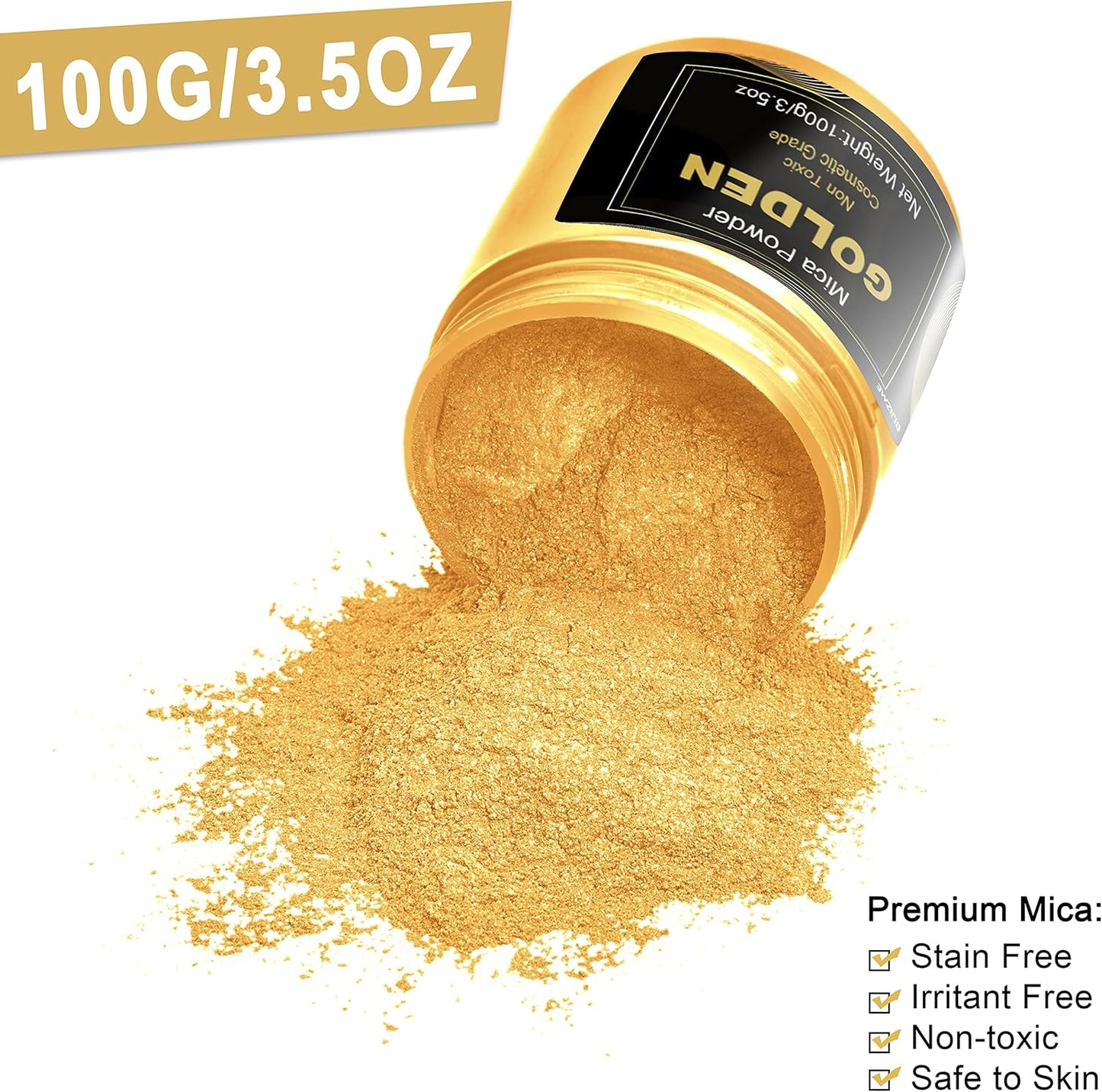 Golden Mica Powder Pigment (100g) -Cosmetic Grade Metallic Mica Powder for Epoxy Resin, Lip Gloss, Soap,Candle Making, Bath Bombs,Tumblers, Jewelry, Dyes, and DIY Crafting Projects(Golden, 3.5oz)