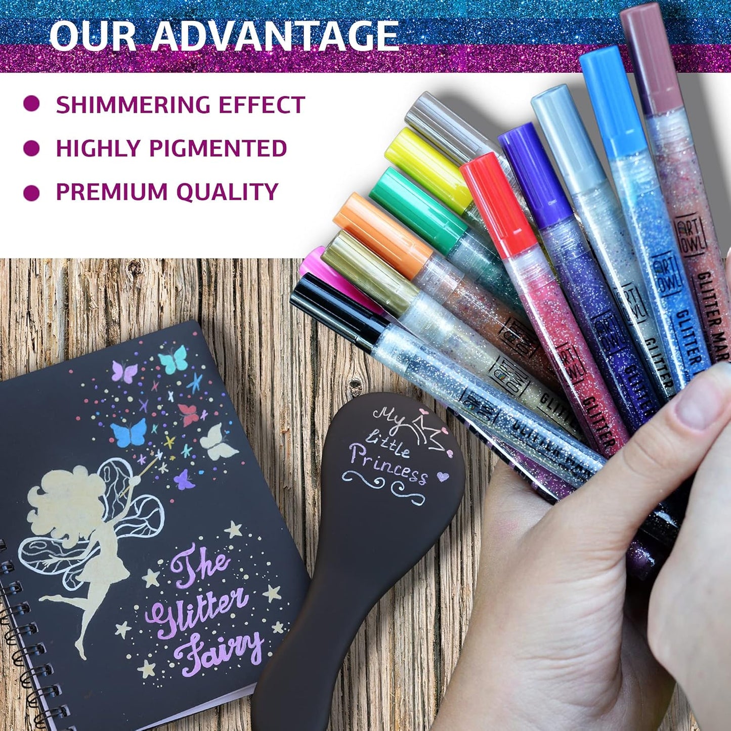 Acrylic Glitter Paint Marker Pens, Ultra Fine Point 0.7mm - Sparkle Paint Pens for Rock Painting, Stone, Ceramic Glass, Wood, Card Stock, Canvas, DIY Crafts - Set of 12