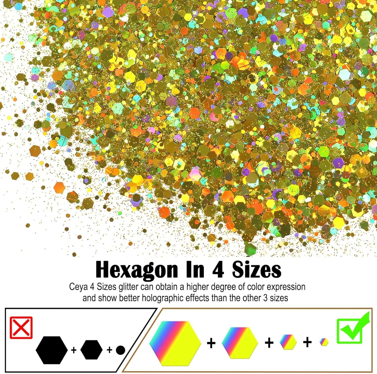 Ceya Holographic Chunky Glitter, 4.9oz/ 140g Cyan Gold Craft Glitter Powder Mixed Fine Flakes Iridescent Nail Sequins for Nail Art, Hair, Epoxy Resin, Tumblers, Slime, Painting, Festival Decor