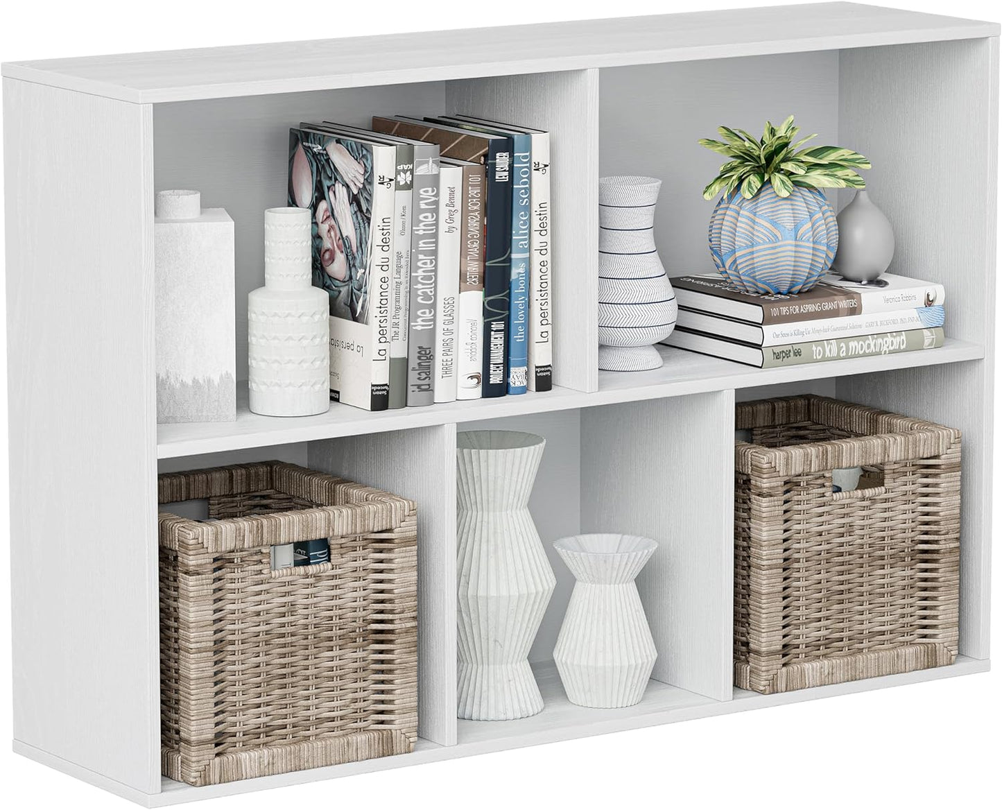 Wooden Cube Storage Organizer with Closed Back Panel, 11in Cube Shelf Opening, Bookshelf, Display Shelf,Closet Cabinet for Home and Office (Embossed White, 5-Cube 35.98L*9.45W*24.09H)