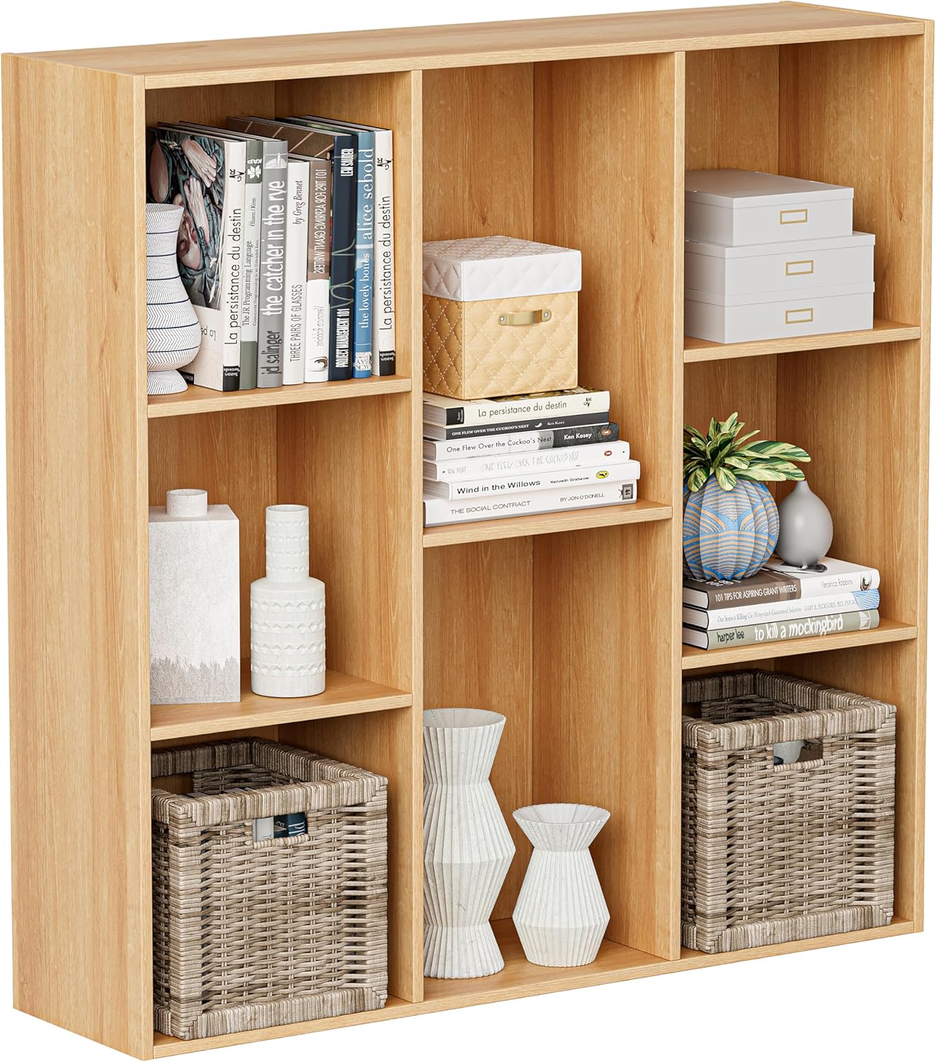 Wooden Cube Storage Organizer with Closed Back Panel, 11in Cube Shelf Opening, Bookshelf, Display Shelf,Closet Cabinet for Home and Office (Natural Oak, 8-Cube 35.98L*9.45W*35.91H)