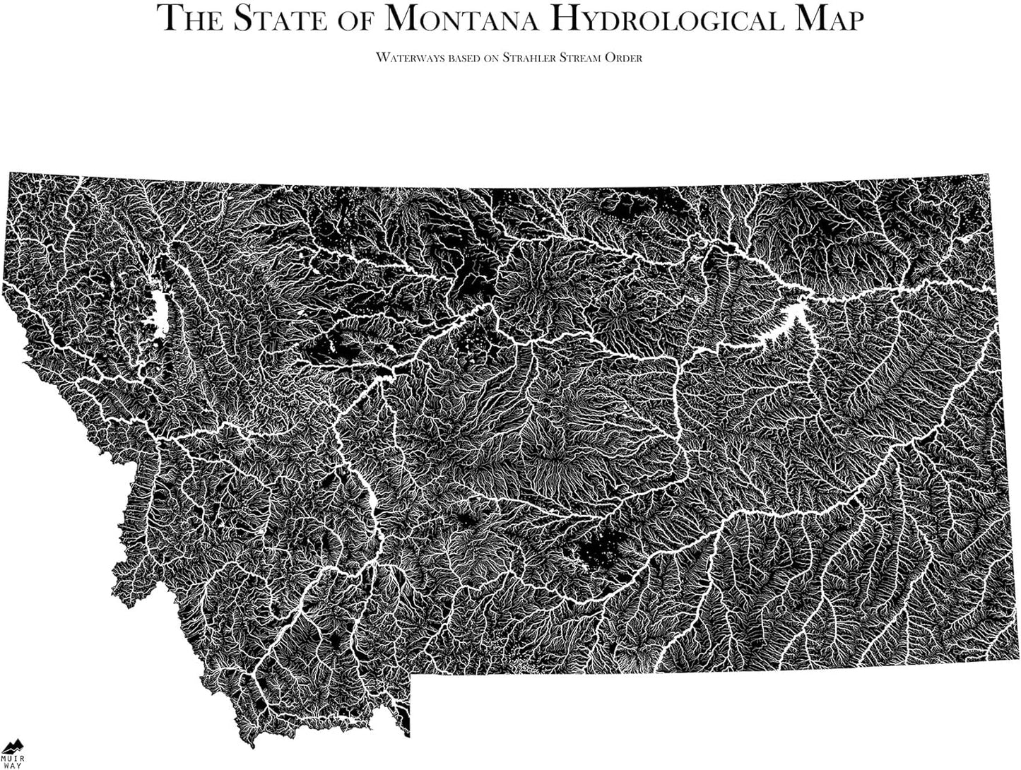 Muir Way Hydrological River Map of Montana - Watershed Topographic Wall Art for Home, Office, or Travel Decor - Unframed Flat Paper Print, 18x24