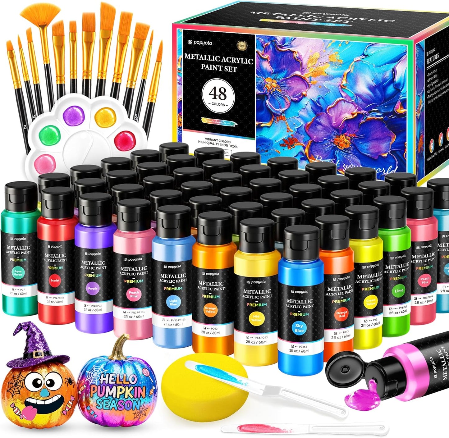64 PCS Metallic Acrylic Paint Set with 12 Brushes, 2 Knives & Palette, 48 Colors (2oz/60ml) Art Craft Paint for Adults Kids Artists Beginners, Halloween Pumpkin Canvas Ceramic Rock Painting Kit