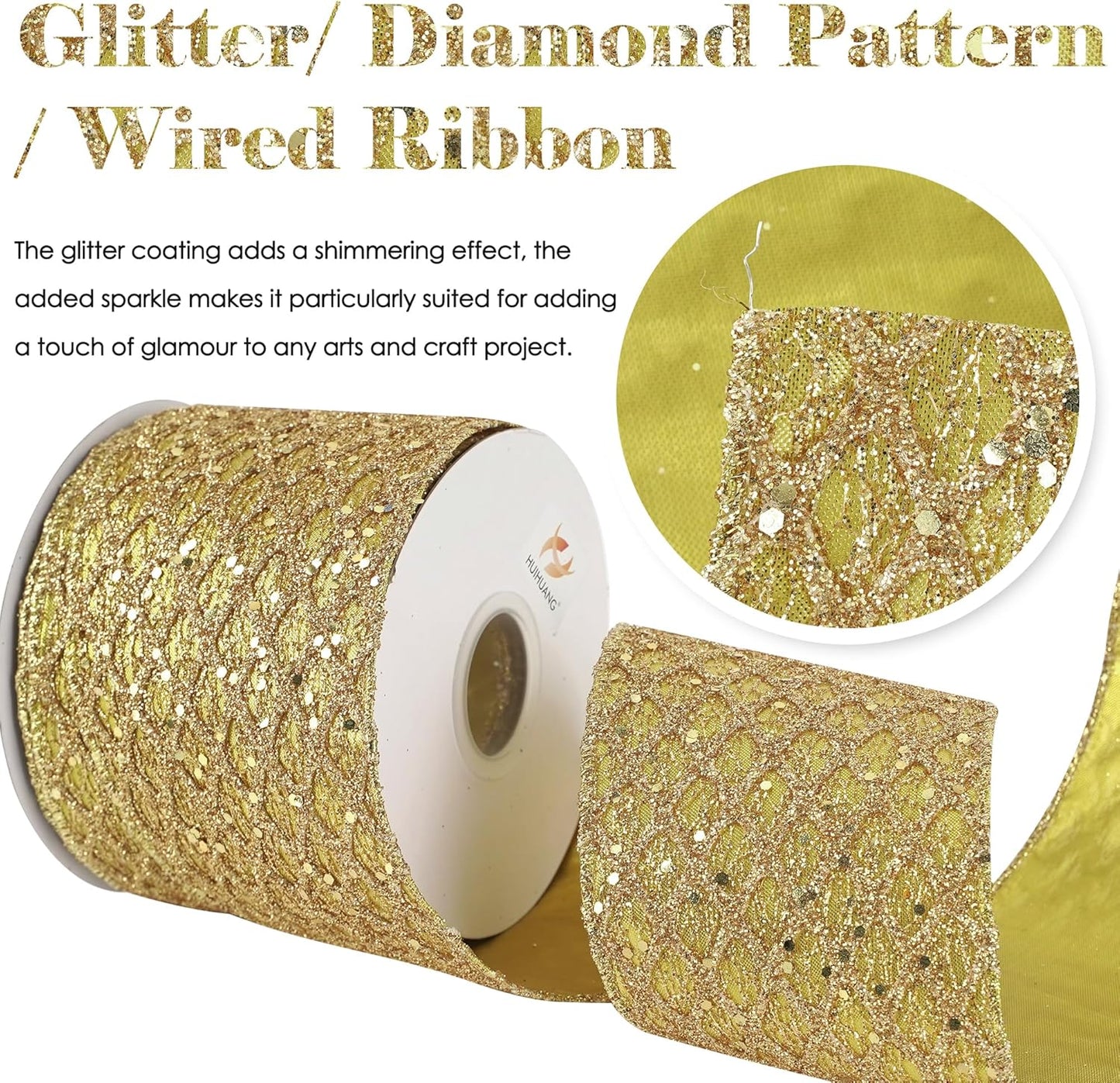 HUIHUANG Gold Glitter Wired Ribbon, 4 inch x 10 Yards, Polyester, Christmas, Gold, Geometric Pattern, Perfect for Tree Decorations, Wreaths, Gift Wrapping