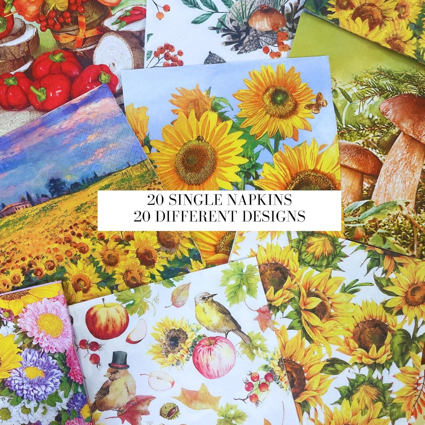 Mystery Pack Decoupage Paper Napkins, 20-ct Assorted Surprise Napkins, Decorative Napkins for Art Craft Junk Journal, Scrapbooking, 20 Different Fall Designs