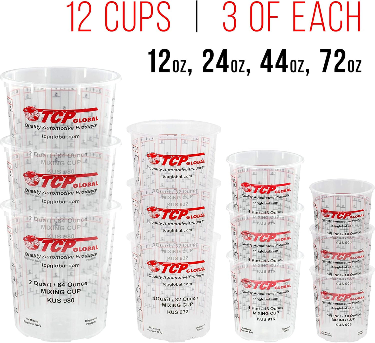 Pouring Masters Ultimate Paint Mixing Cup Kit - 12 Plastic Graduated Mixing Cups, 3 Each of 12, 24, 44, 72 Ounce Sizes - 12 Mixing Sticks, 12 Paint Strainers, 2 Tack Cloths, Mixer Blade, Can Opener