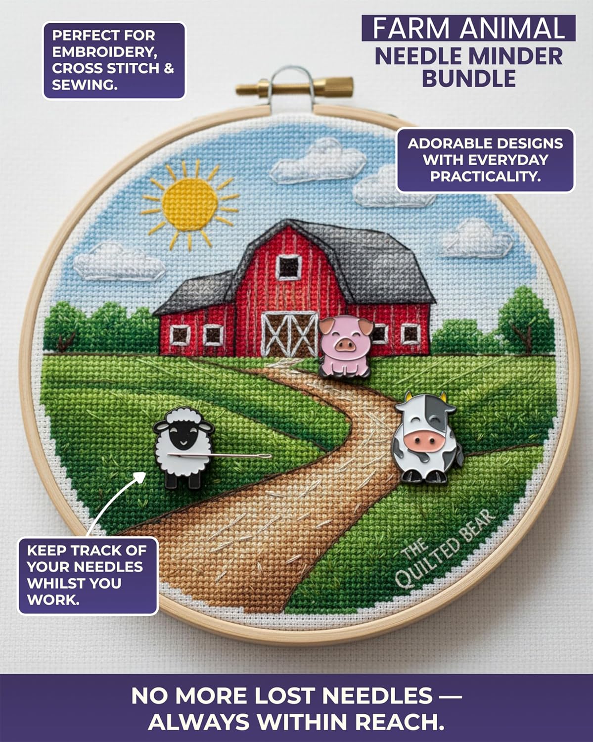 The Quilted Bear Needle Minder - Needle Minder Magnet for Keeping Sewing & Embroidery Needles, Cross Stitch Needles Safe - Stress Free Stitching Cross Stitch Supplies & Embroidery Supplies (Sheep)