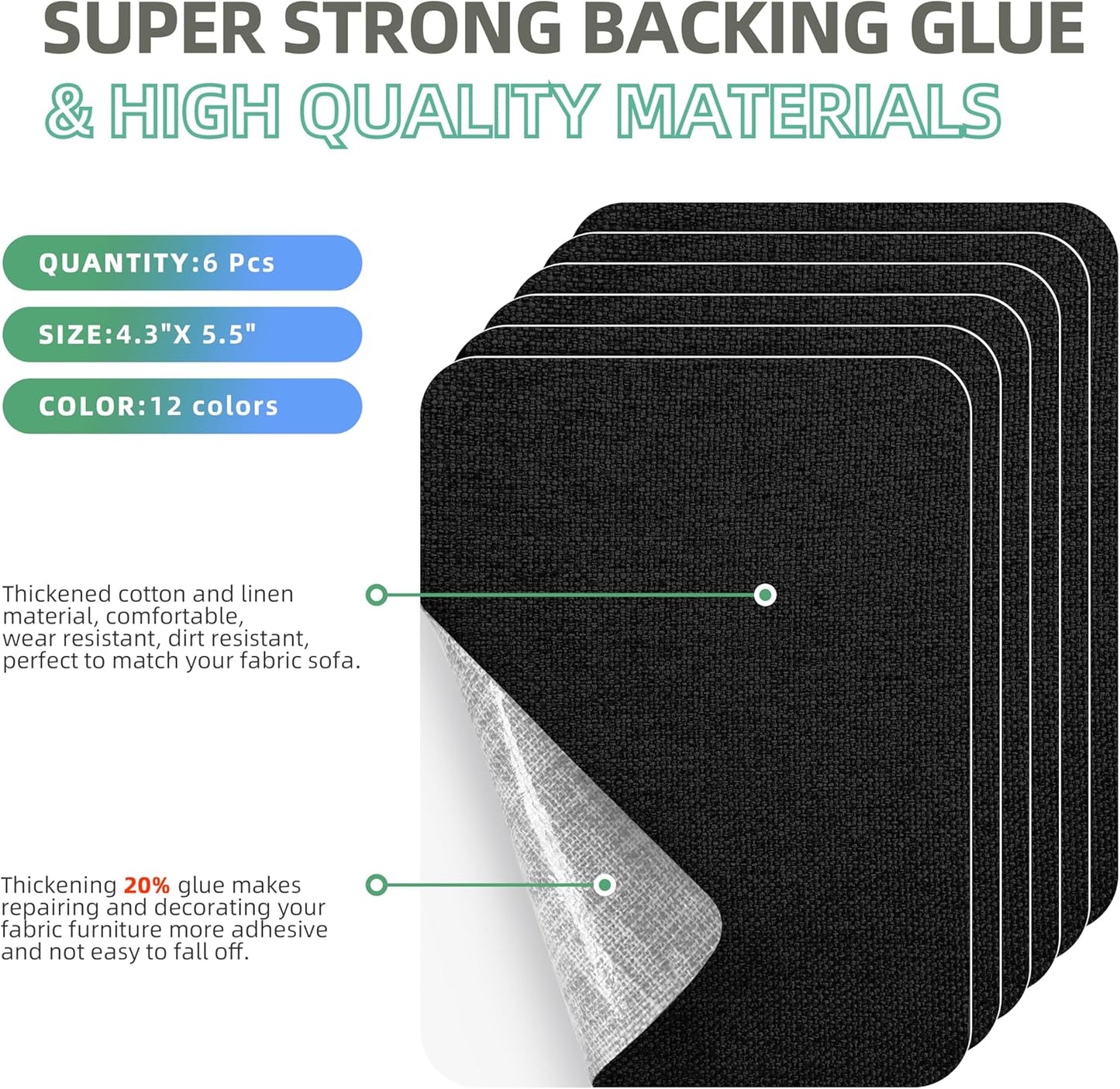 Azobur Coarse Linen Repair Patches, 6 Piece Self-Adhesive Linen Fabric Patches, Multi Color, Can be Used for Linen Sofa Repair and Linen Clothes Repair, Quick Fix Sofa.(Black)