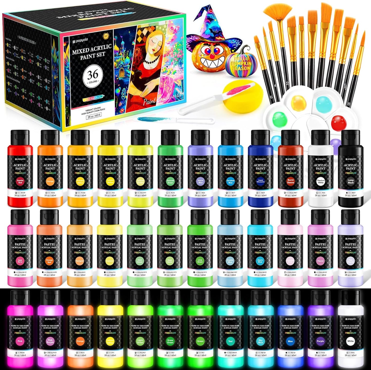 52 PCS Classic & Pastel & Glow in the Dark Acrylic Paint Set with 12 Brushes, 2 Knives & Palette, 36 Colors Art Craft Paint for Beginners, Halloween Pumpkin Canvas Ceramic Rock Painting Kit