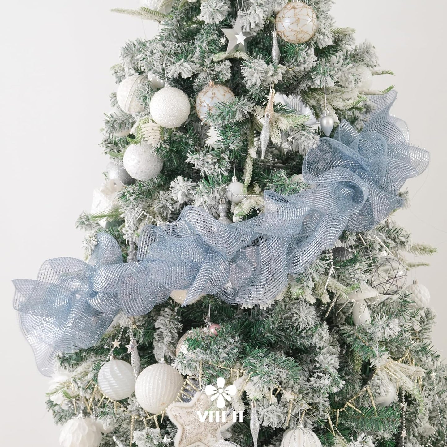 MEEDEE Silver Deco Mesh 10 Inch Deluxe Wide Foil Metallic Pull Up Decorative Ribbon for Christmas Tree, Wreaths, Garland, Gift Wrapping, Bows Making (30 Feet)