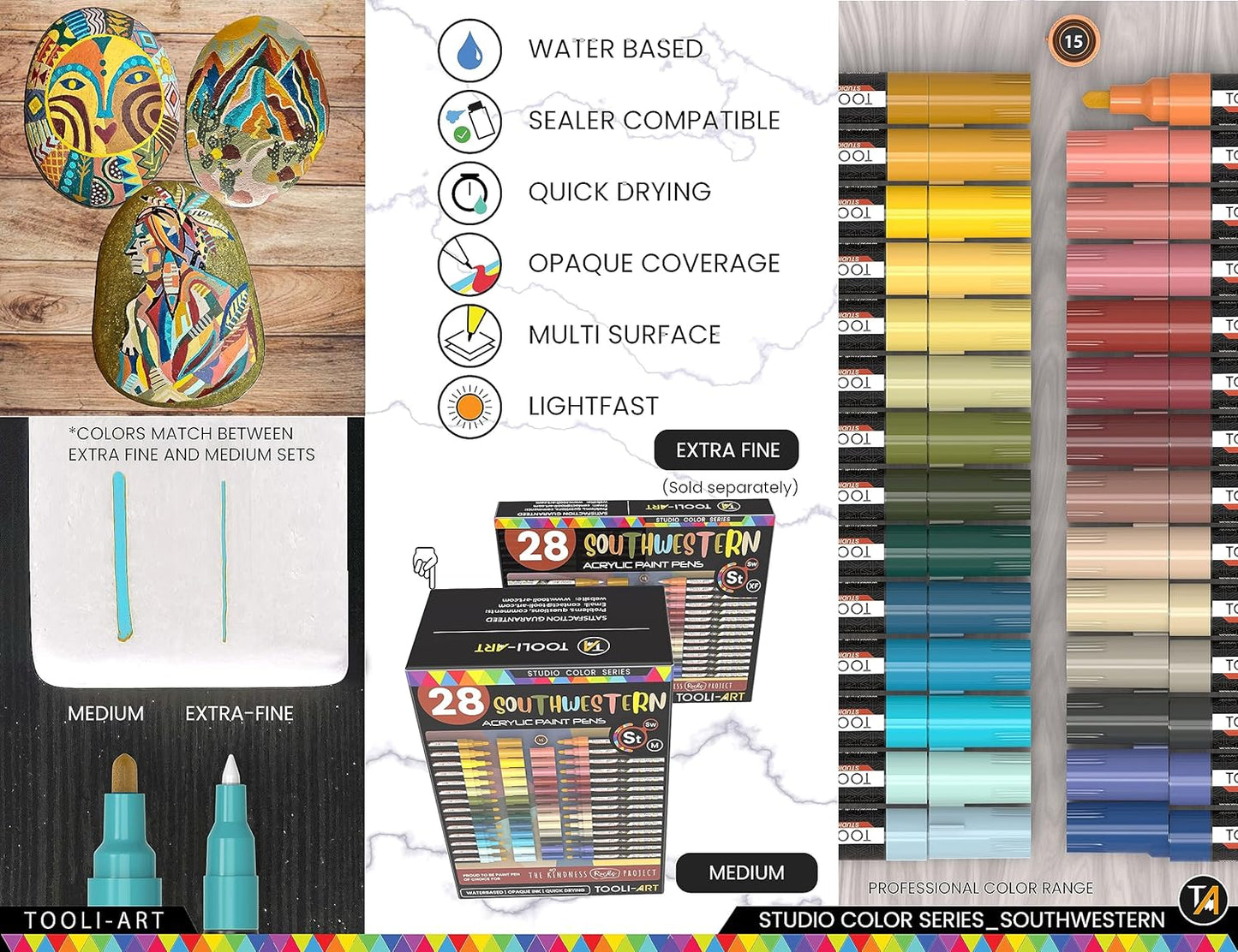28 Southwestern Colors Acrylic Paint Pens Studio Color Series Markers Set 3mm Medium Tip, Rock Painting, Glass, Mugs, Wood, Metal, Canvas, DIY Projects, Detailing. Non Toxic, Waterbased, Quick Drying