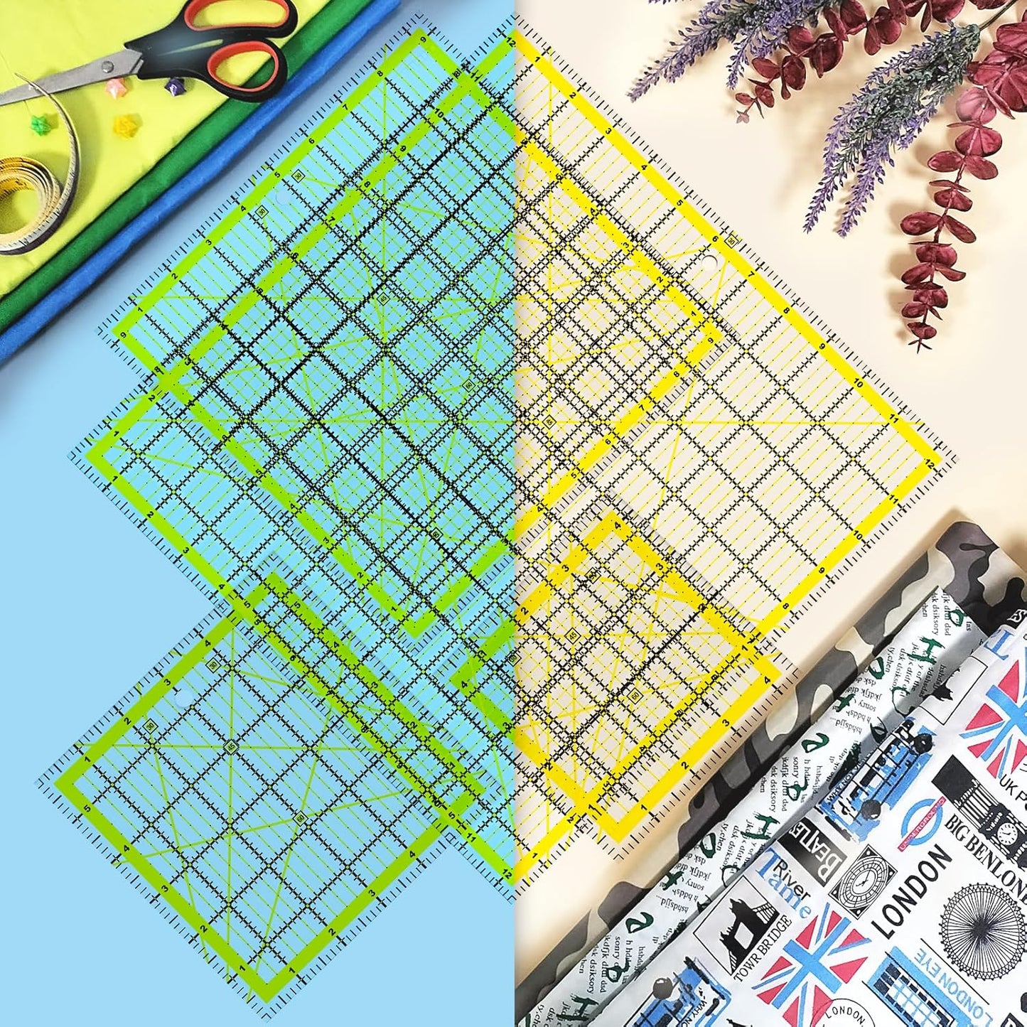 Quilting Rulers, 7 Piece Acrylic Ruler (12.5"X12.5", 9.5"X9.5", 6"X6", 4.5"X4.5",12"x6.5",9"x3",12"x2"), Sewing & Quilting Templates